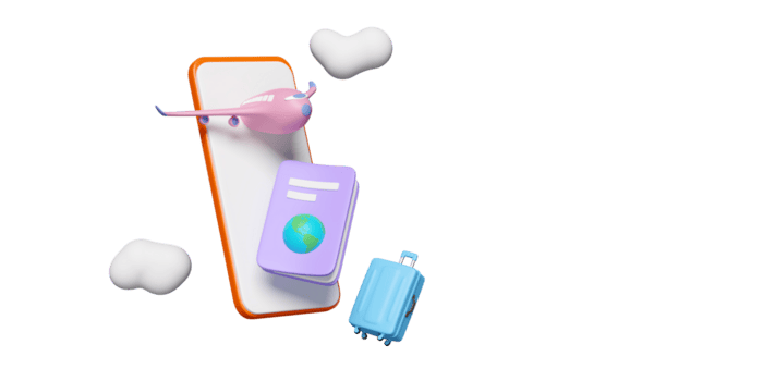 Travel illustration with an airplane, passport and suitcase